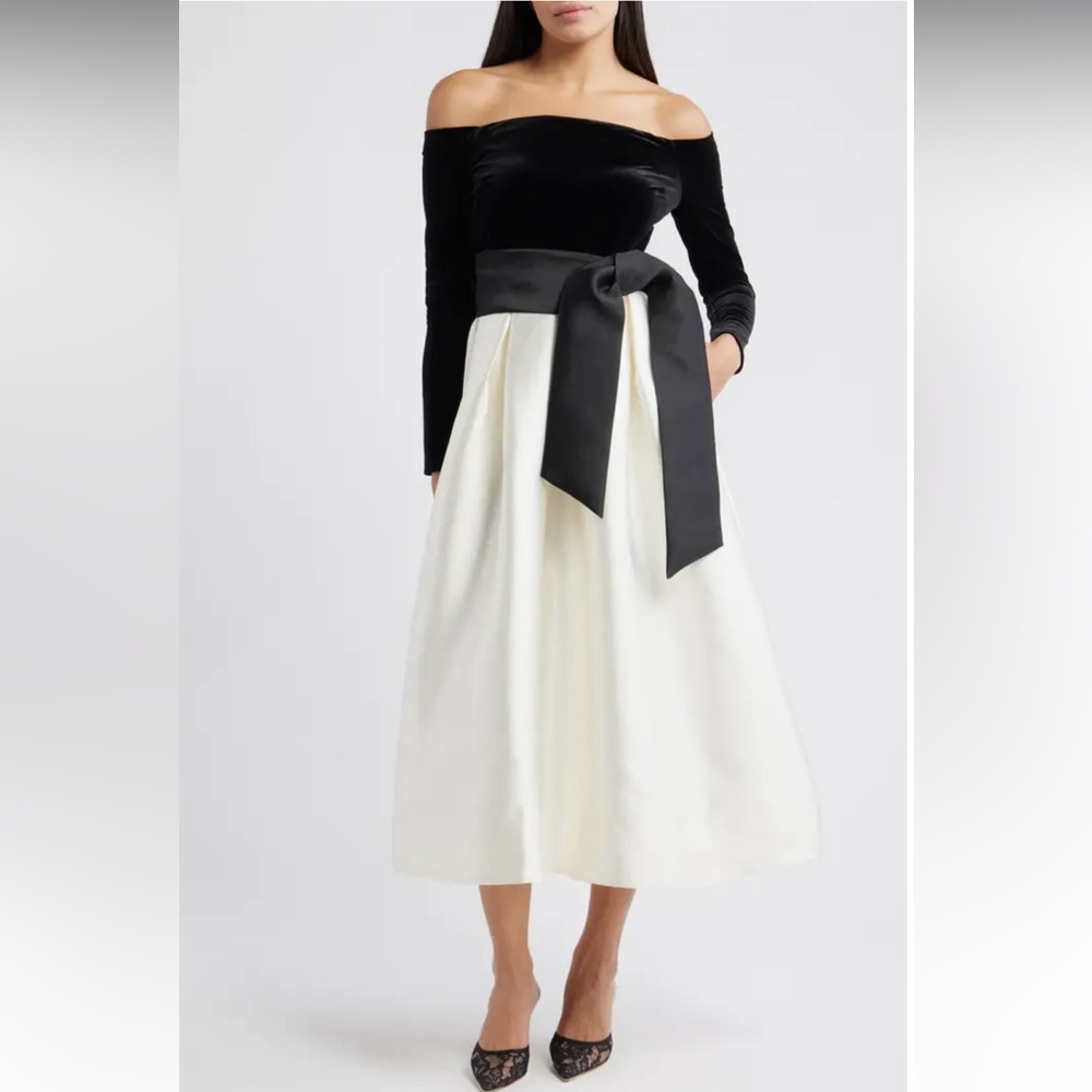 Off the Shoulder Long Sleeve Velvet Cocktail Midi Dress